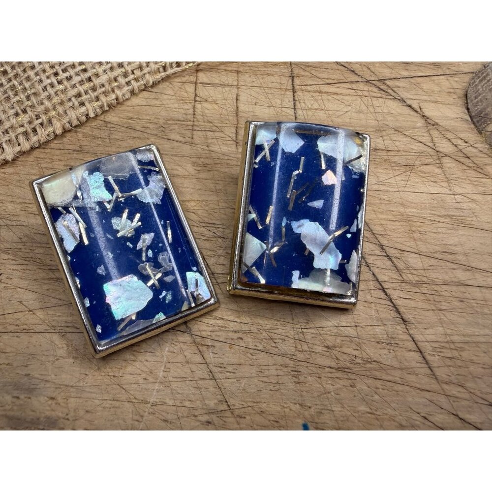 Vintage Blue & Silver Mother Of Pearl Inlay Clip-On Earrings In Gift Box